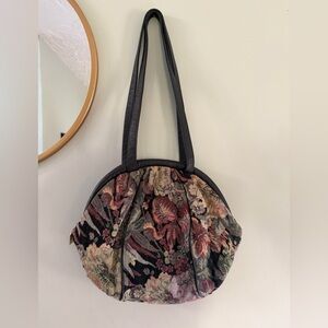 VTG 80s Dark Floral Tapestry Purse with Leather Trim